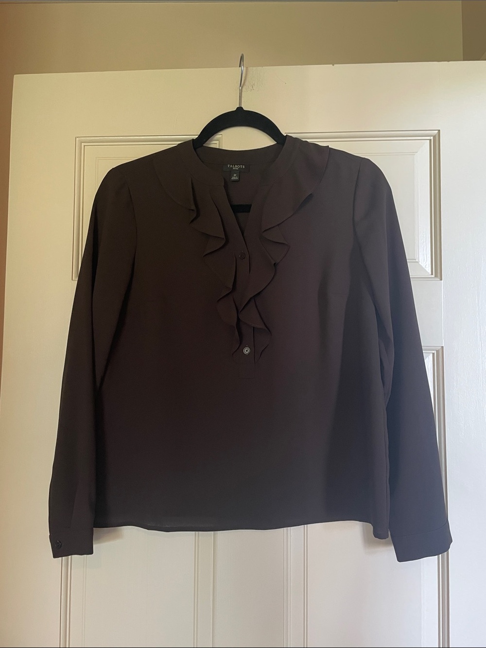Talbots Chocolate Brown Ruffle-Front Long Sleeve Blouse